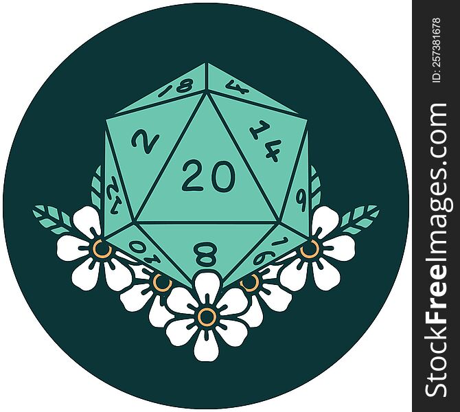 icon of natural 20 D20 dice roll with floral elements. icon of natural 20 D20 dice roll with floral elements