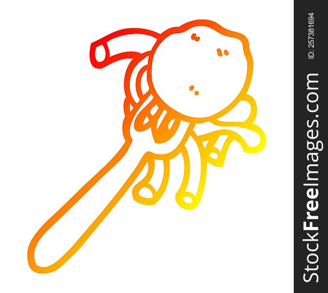 warm gradient line drawing of a cartoon spaghetti and meatballs on fork