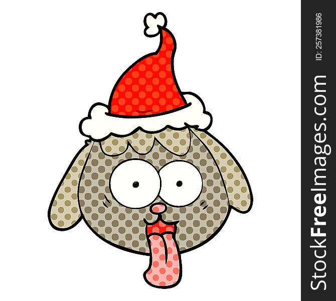 Comic Book Style Illustration Of A Dog Face Panting Wearing Santa Hat