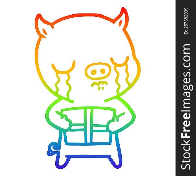 Rainbow Gradient Line Drawing Cartoon Pig Crying Over Christmas Present