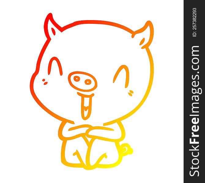 Warm Gradient Line Drawing Happy Cartoon Sitting Pig