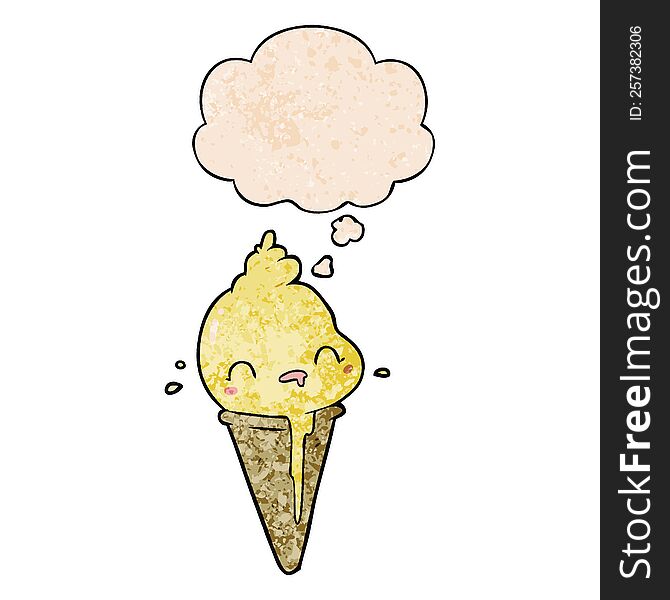 Cute Cartoon Ice Cream And Thought Bubble In Grunge Texture Pattern Style