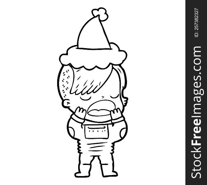 Line Drawing Of A Cool Hipster Girl In Space Suit Wearing Santa Hat