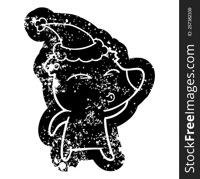 Cartoon Distressed Icon Of A Whistling Bear Wearing Santa Hat