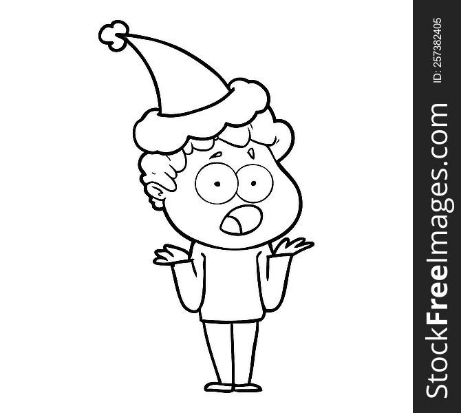 hand drawn line drawing of a man gasping in surprise wearing santa hat