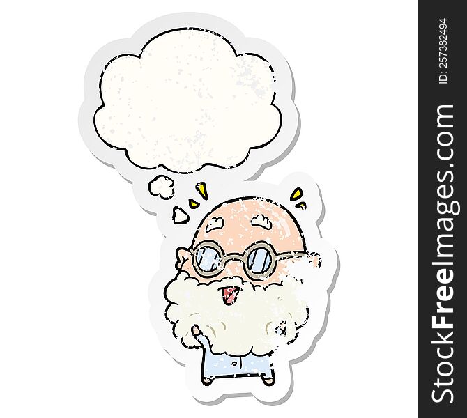 cartoon surprised old man and thought bubble as a distressed worn sticker