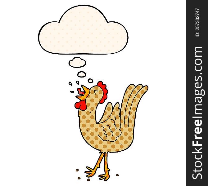 cartoon crowing cockerel with thought bubble in comic book style