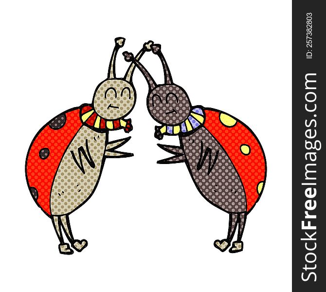 freehand drawn comic book style cartoon ladybugs greeting