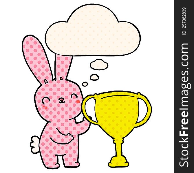 cute cartoon rabbit with sports trophy cup with thought bubble in comic book style