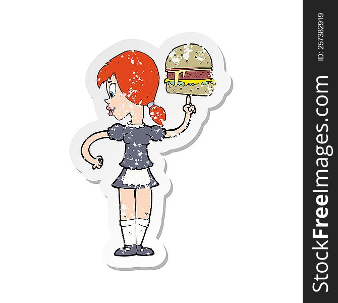 Retro Distressed Sticker Of A Cartoon Waitress Serving A Burger