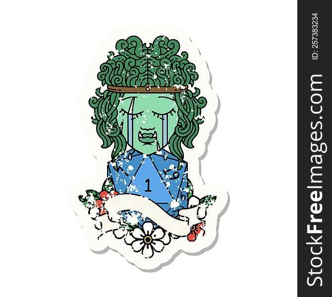 grunge sticker of a crying orc barbarian character face with natural one roll. grunge sticker of a crying orc barbarian character face with natural one roll