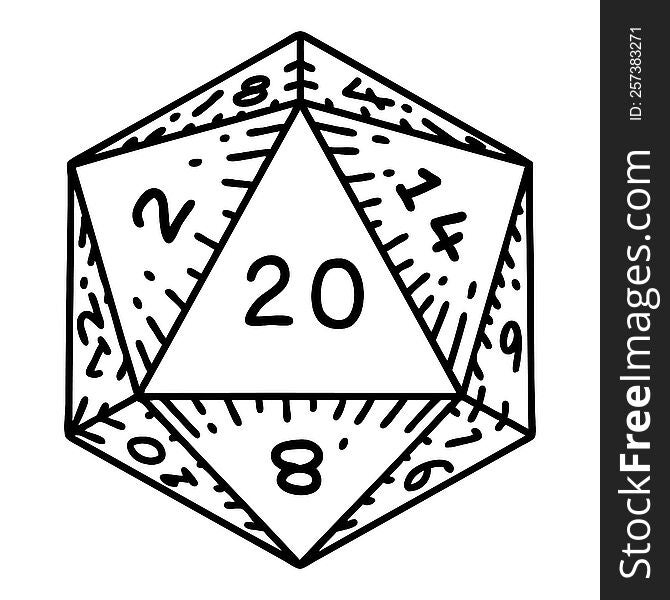 tattoo in black line style of a d20 dice. tattoo in black line style of a d20 dice