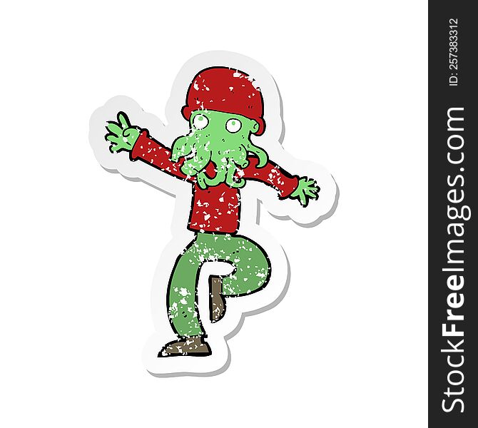 retro distressed sticker of a cartoon alien monster man