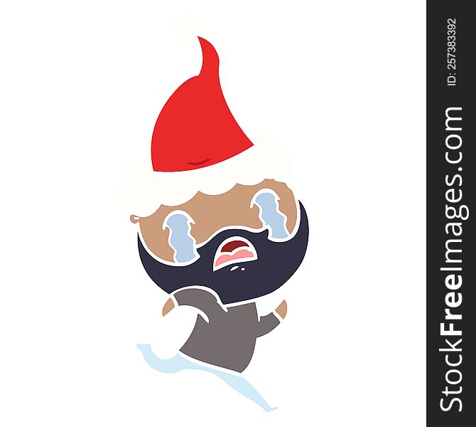 hand drawn flat color illustration of a bearded man crying wearing santa hat