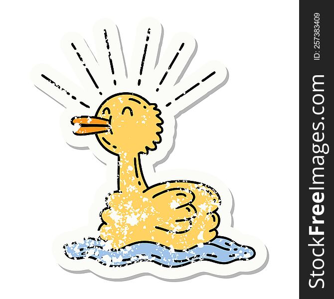 worn old sticker of a tattoo style swimming duck. worn old sticker of a tattoo style swimming duck