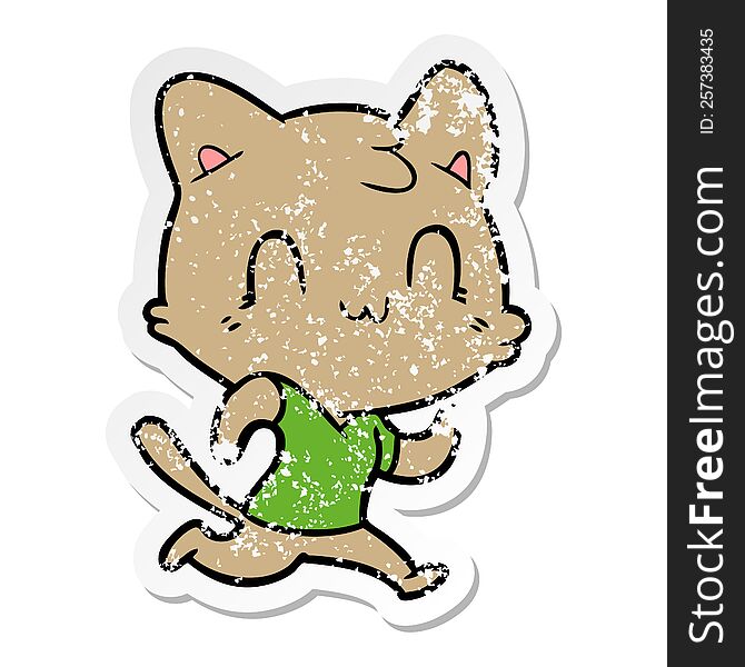 Distressed Sticker Of A Cartoon Happy Cat Running