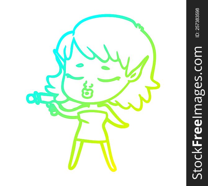 cold gradient line drawing of a pretty cartoon alien girl with ray gun
