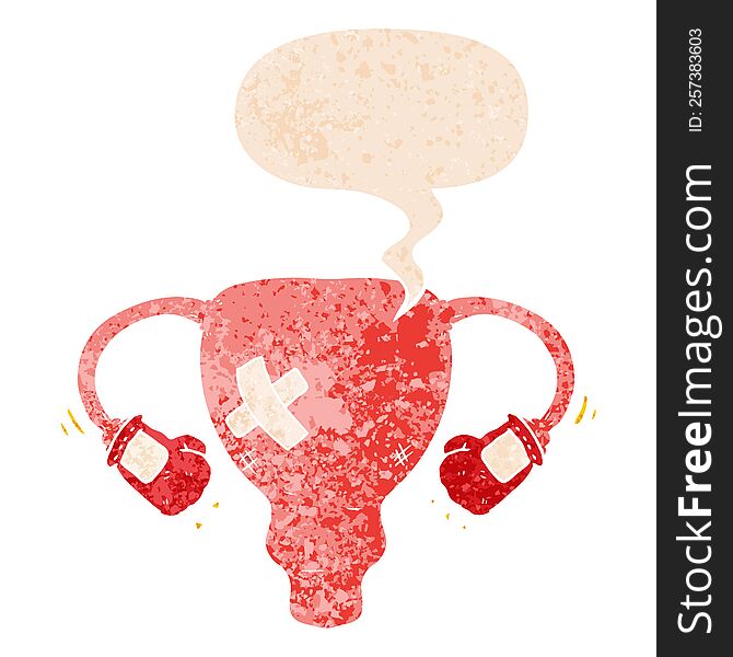 cartoon beat up uterus with boxing gloves and speech bubble in retro textured style