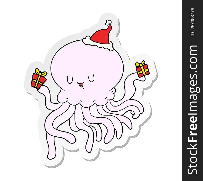 hand drawn sticker cartoon of a jellyfish in love wearing santa hat