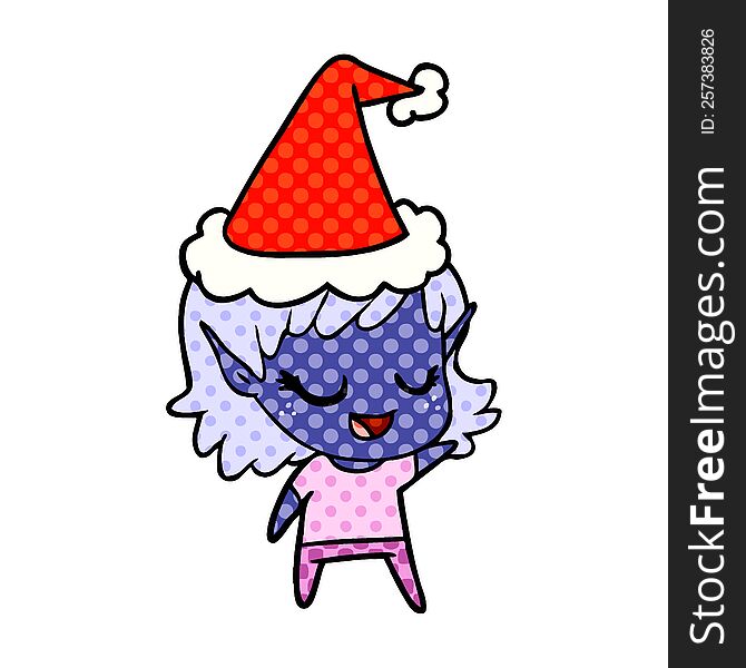 happy hand drawn comic book style illustration of a elf girl wearing santa hat