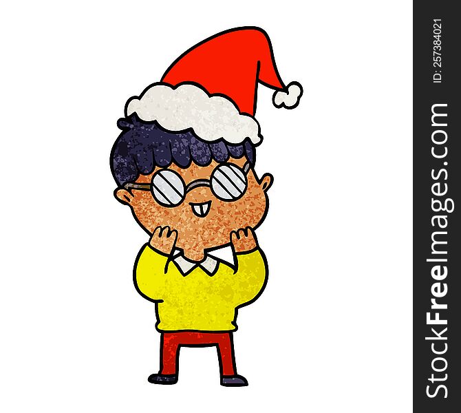 hand drawn textured cartoon of a boy wearing spectacles wearing santa hat