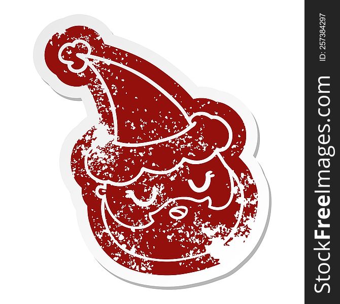 Cartoon Distressed Sticker Of A Male Face With Beard Wearing Santa Hat