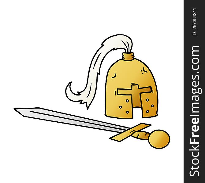hand drawn gradient cartoon doodle of a medieval helmet and sword