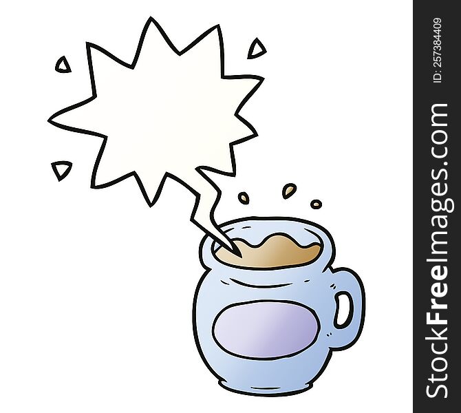 cartoon mug of coffee with speech bubble in smooth gradient style