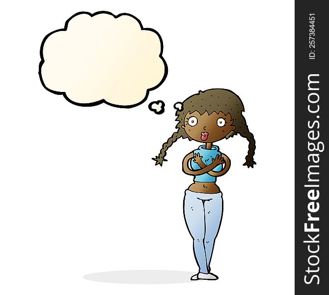 Cartoon Offended Woman Covering Herself With Thought Bubble