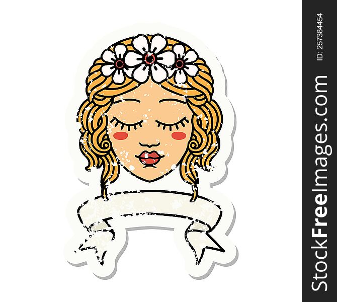 Grunge Sticker With Banner Of Female Face With Eyes Closed