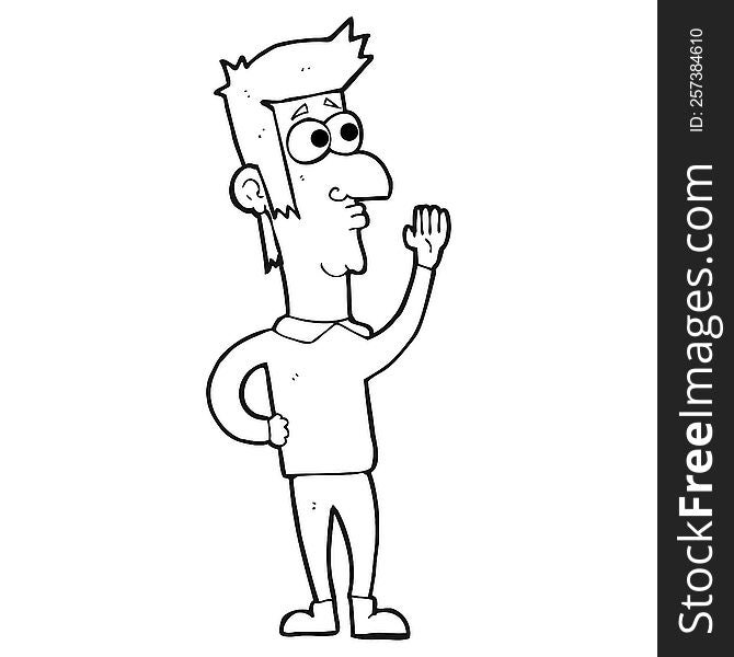 freehand drawn black and white cartoon man waving
