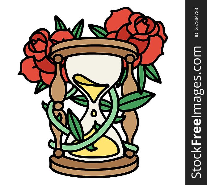 tattoo in traditional style of an hour glass and flowers. tattoo in traditional style of an hour glass and flowers