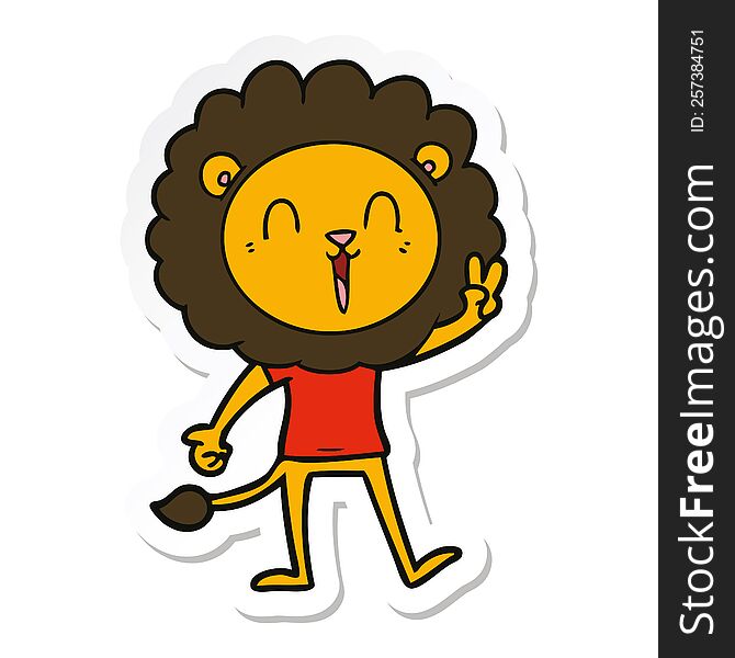 sticker of a laughing lion giving peace sign