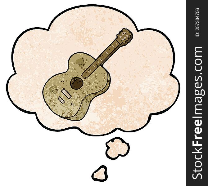 Cartoon Guitar And Thought Bubble In Grunge Texture Pattern Style