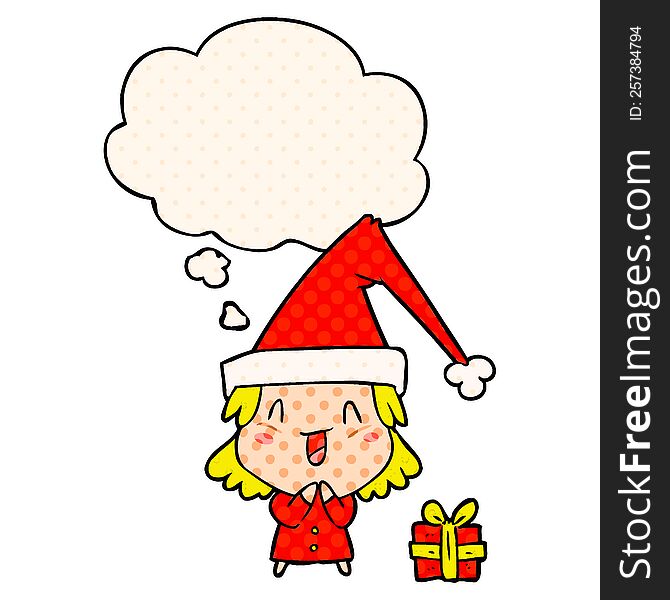 cartoon girl wearing christmas hat with thought bubble in comic book style