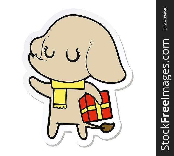Sticker Of A Cute Cartoon Elephant With Gift