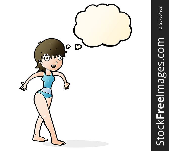 Cartoon Happy Woman In Swimming Costume With Thought Bubble