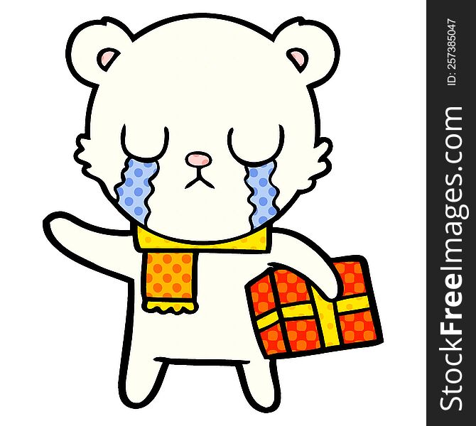 crying polar bear cartoon with christmas gift. crying polar bear cartoon with christmas gift