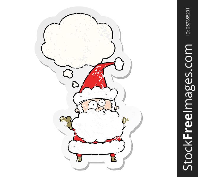 cartoon confused santa claus with thought bubble as a distressed worn sticker