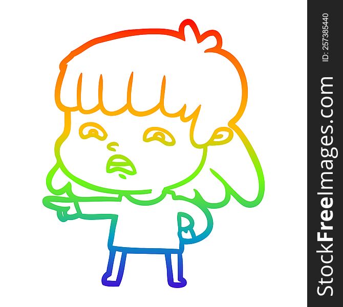 rainbow gradient line drawing of a cartoon worried woman
