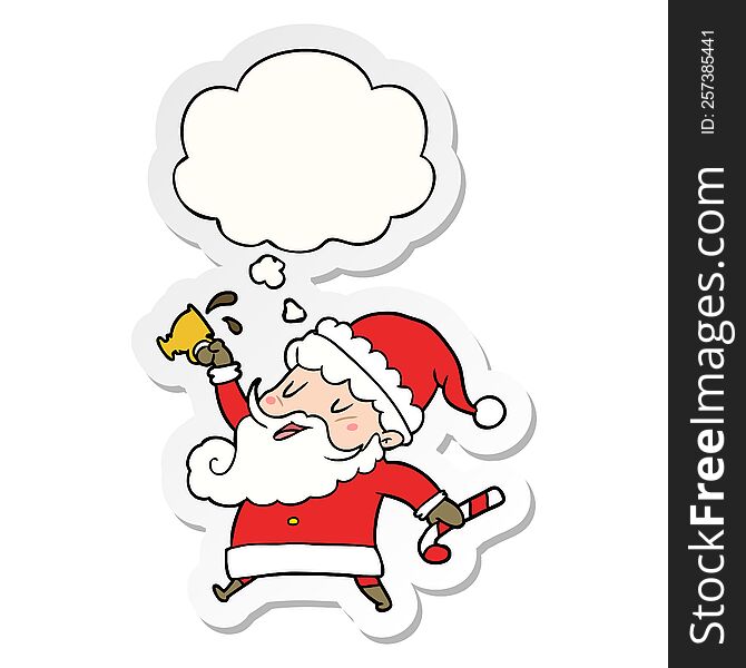 cartoon santa claus with hot cocoa with thought bubble as a printed sticker