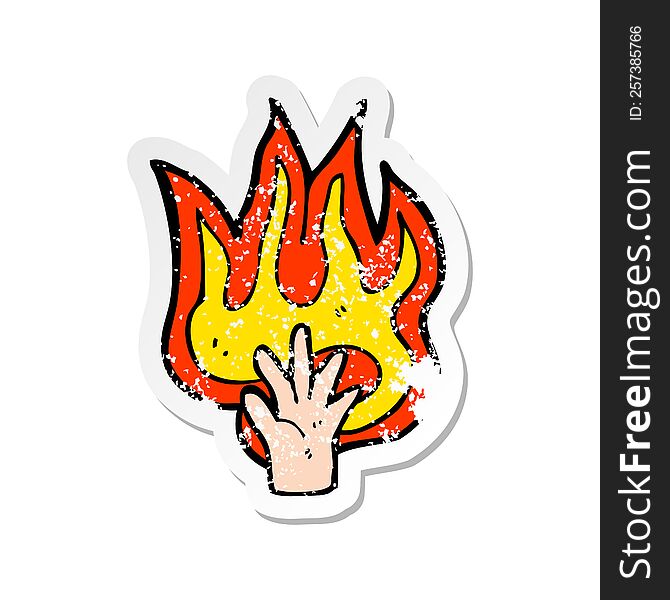 Retro Distressed Sticker Of A Flaming Hand Symbol