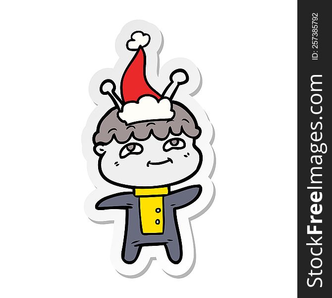 Friendly Sticker Cartoon Of A Spaceman Wearing Santa Hat