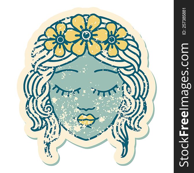 Distressed Sticker Tattoo Style Icon Of A Maidens Face