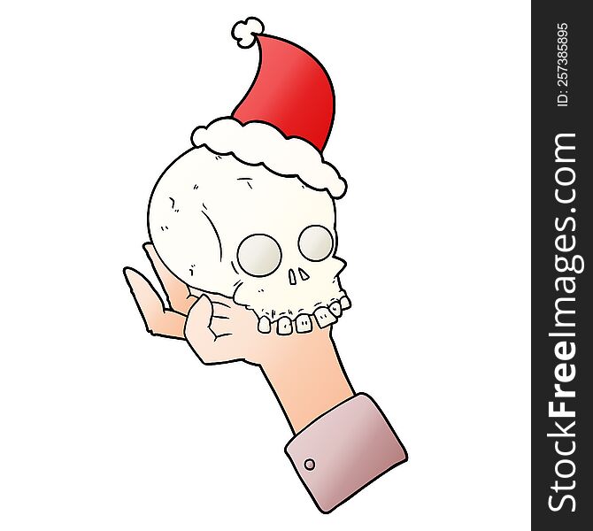 gradient cartoon of a hand holding skull wearing santa hat