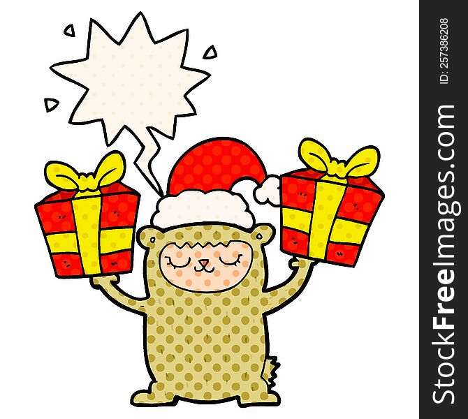 Cartoon Christmas Bear And Speech Bubble In Comic Book Style