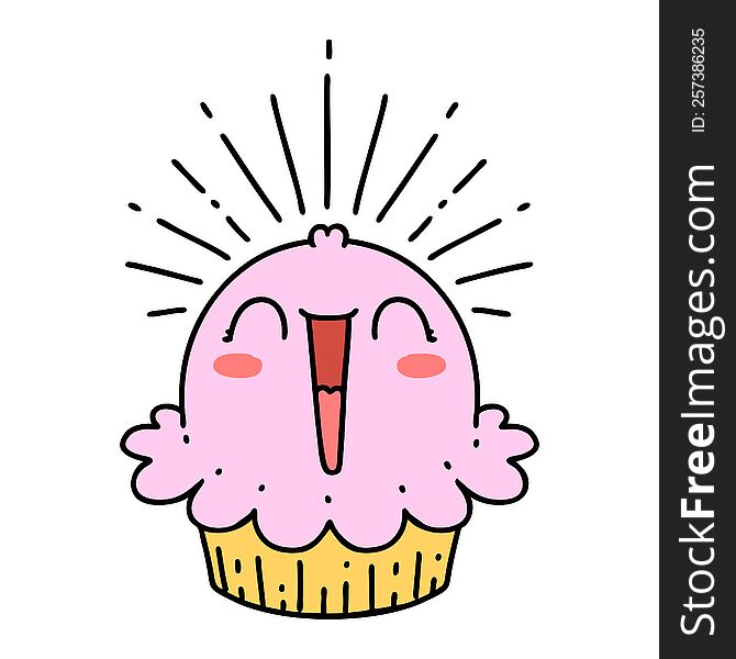 illustration of a traditional tattoo style happy singing cupcake