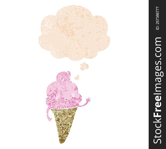 cute cartoon ice cream with thought bubble in grunge distressed retro textured style. cute cartoon ice cream with thought bubble in grunge distressed retro textured style
