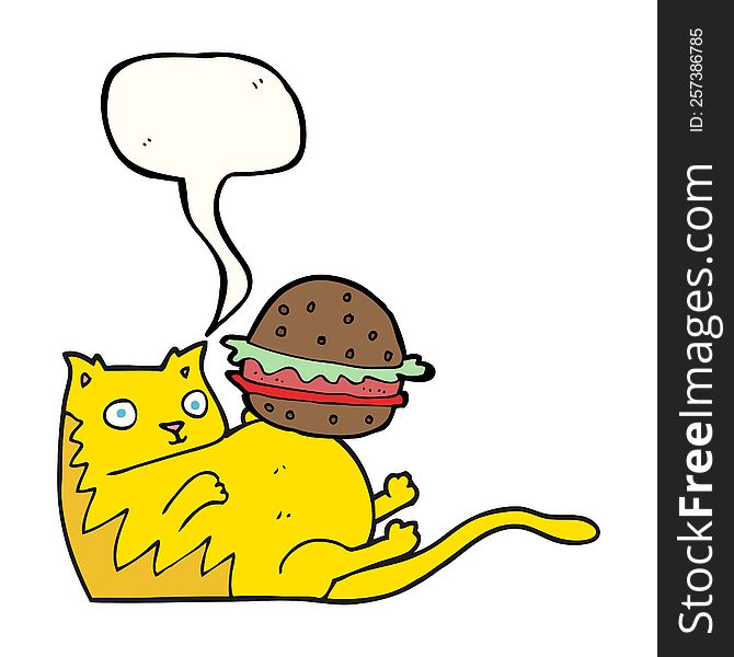 freehand drawn speech bubble cartoon fat cat with burger