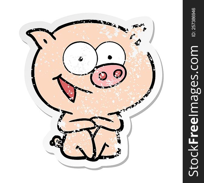 Distressed Sticker Of A Cheerful Sitting Pig Cartoon